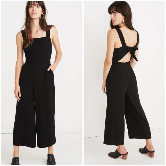 Madewell Womens Size 12 Apron Bow Back Jumpsuit Wide Leg Black Relaxed Fit - Picture 1 of 15